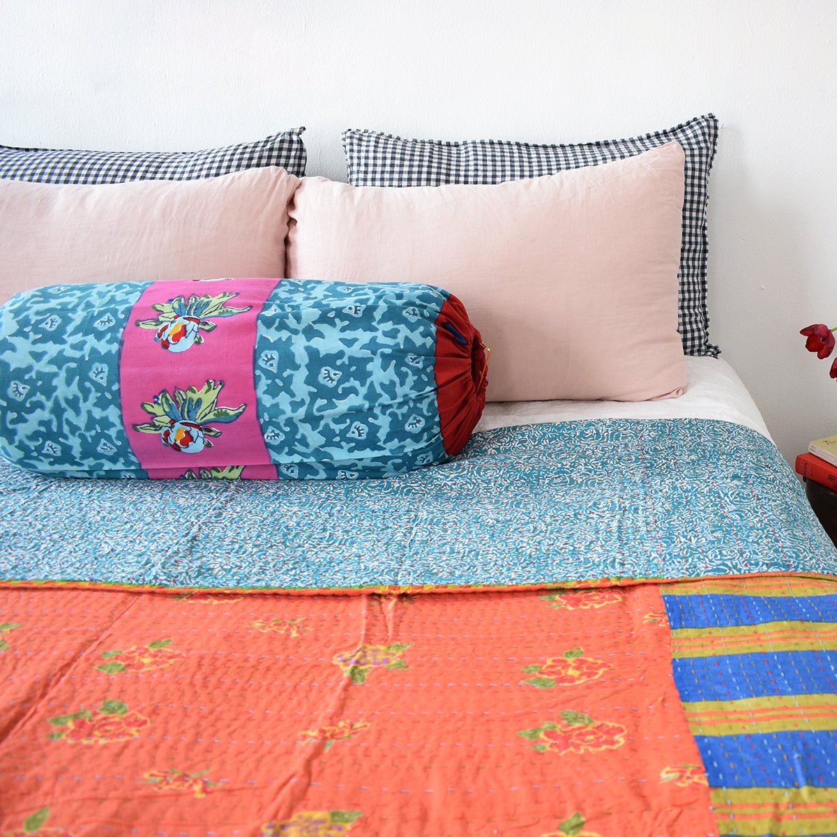 Linge Particulier Nude Standard Linen Pillowcase Sham with Lisa Corti gudri kantha quilt and Lisa Corti pillow for a colorful linen bedding look in soft blush pink - Collyer's Mansion