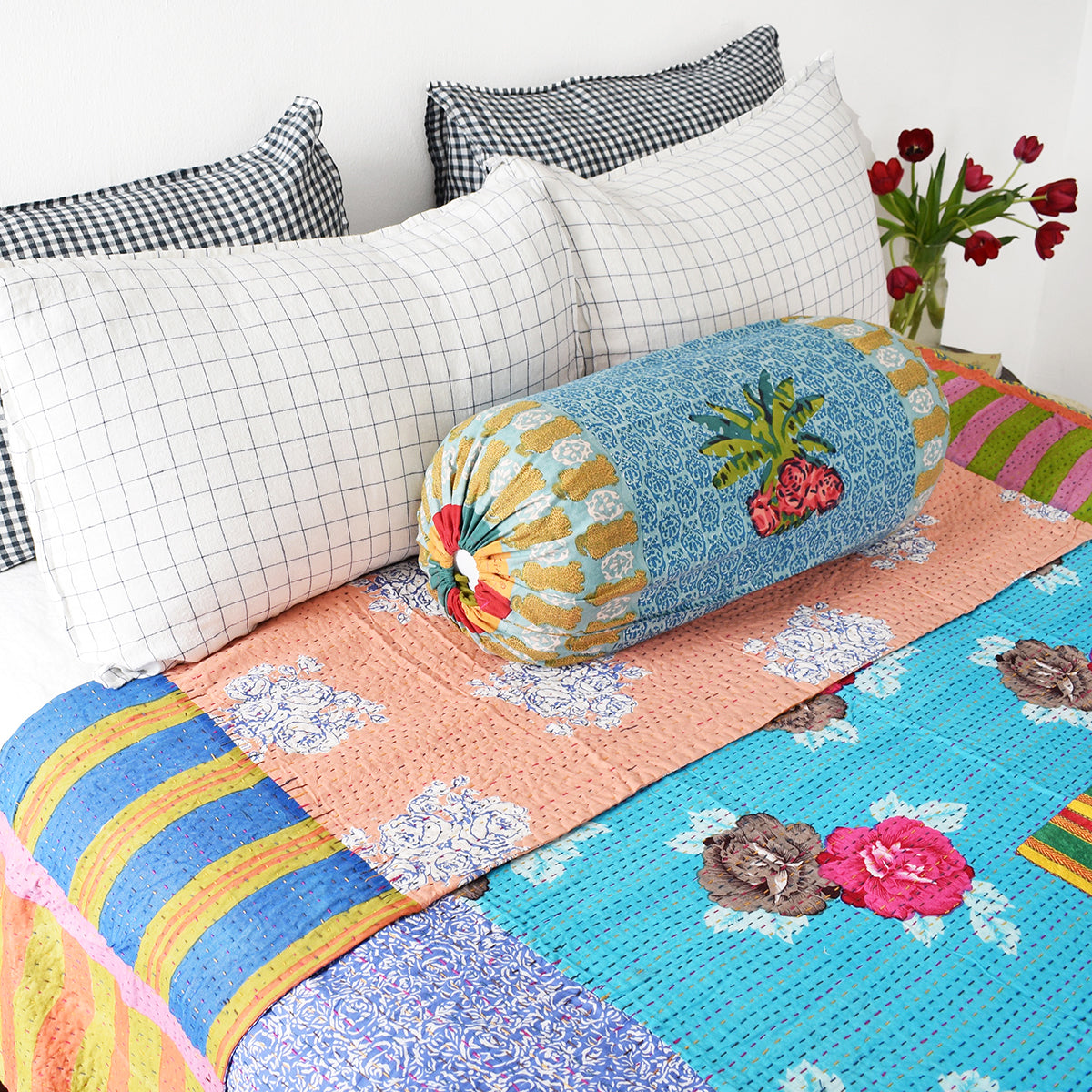 Linge Particulier Anthracite Gingham Standard Linen Pillowcase Sham with a Lisa Corti Gudri kantha quilt and Lisa Corti bolster pillow for a colorful linen bedding look in dark check gingham - Collyer's Mansion