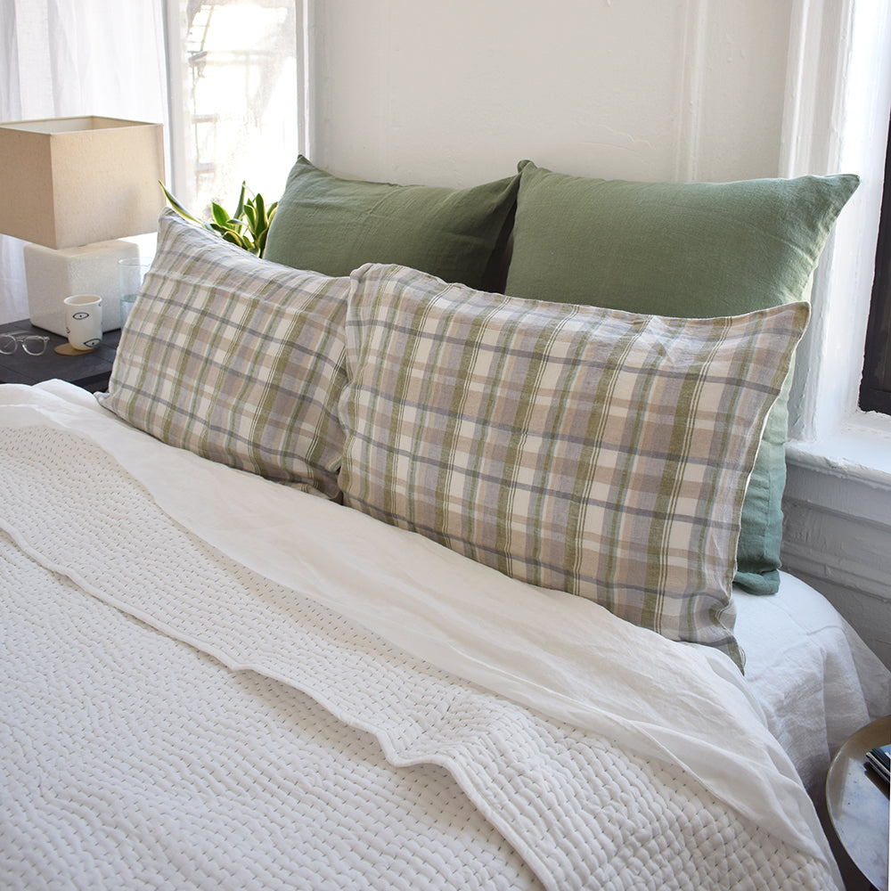 Linge Particulier Hanky Green Plaid Standard Linen Pillowcase Sham with stitched Indian quilt and green euro shams for a colorful linen bedding look in olive check pattern - Collyer&#39;s Mansion