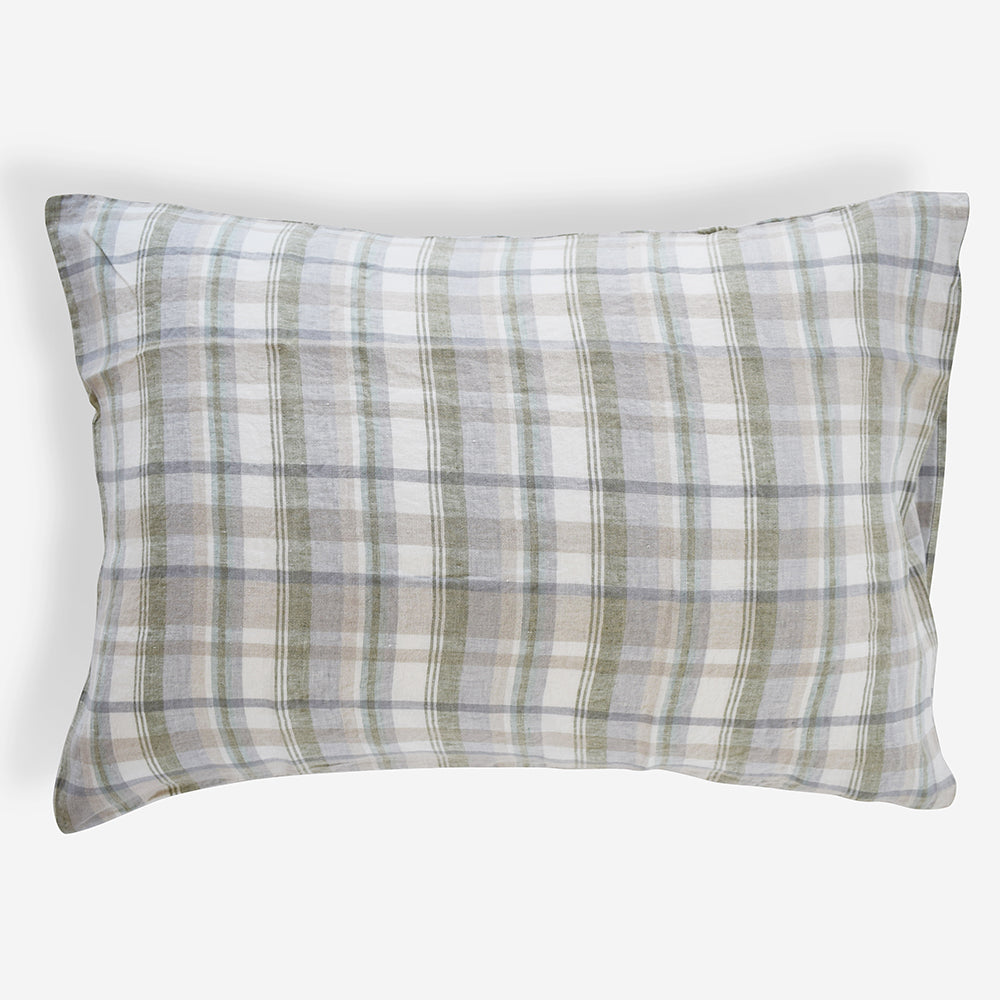 Linge Particulier Hanky Green Plaid Standard Linen Pillowcase Sham for a colorful linen bedding look in olive check pattern - Collyer&#39;s Mansion