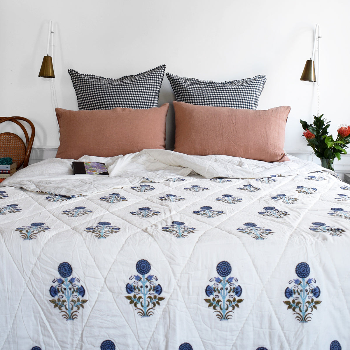 Linge Particulier Moka Standard Linen Pillowcase Sham with a blue block printed quilt for a colorful linen bedding look in earthy clay pink - Collyer's Mansion