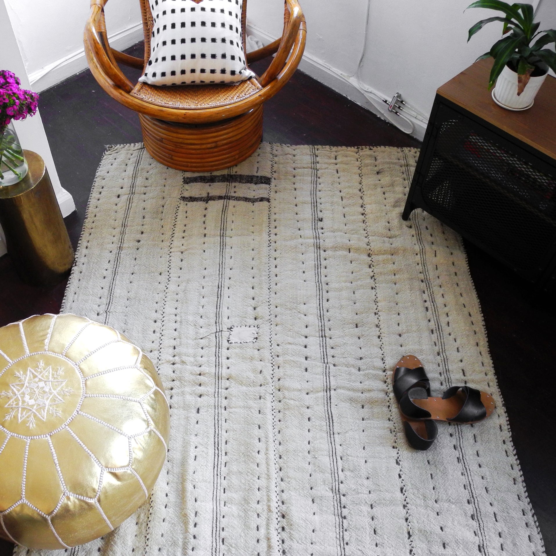 Moroccan Leather Pouf in Gold