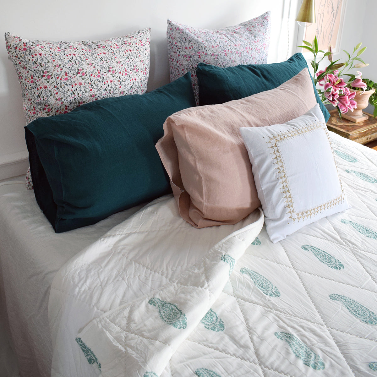 Linge Particulier Vintage Green Standard Linen Pillowcase Sham with a block printed quilt for a colorful linen bedding look in deep teal green - Collyer's Mansion