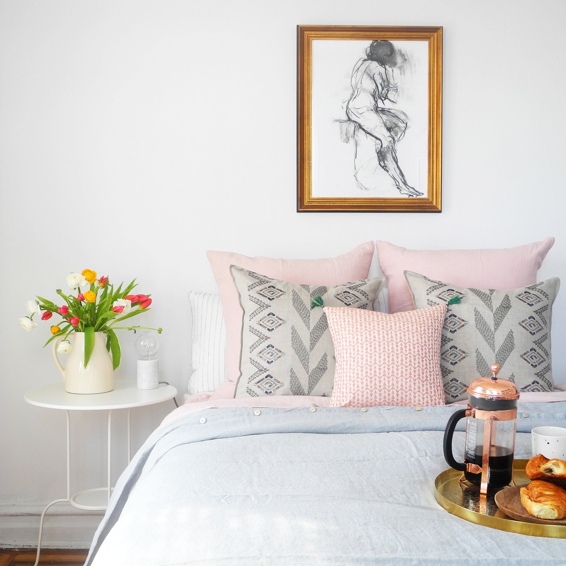Linge Particulier Nude Euro Linen Pillowcase Sham with a cloud grey linen duvet and Coral &amp; Tusk pillows for a colorful linen bedding look in soft blush pink - Collyer&#39;s Mansion