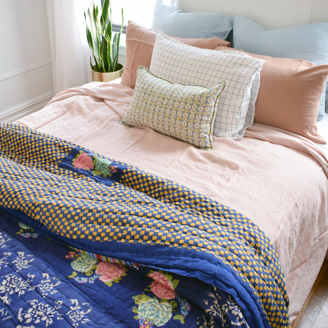 Linen Standard Pillowcase in Navy Check