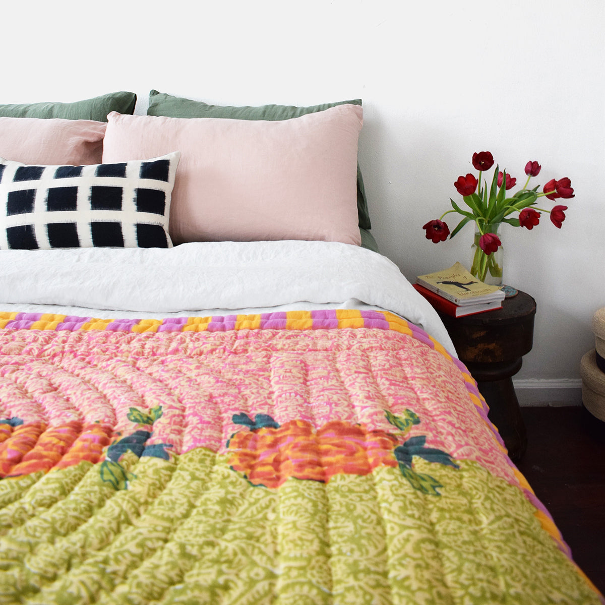 Linge Particulier Nude Standard Linen Pillowcase Sham with Lisa Corti quilt for a colorful linen bedding look in soft blush pink - Collyer's Mansion