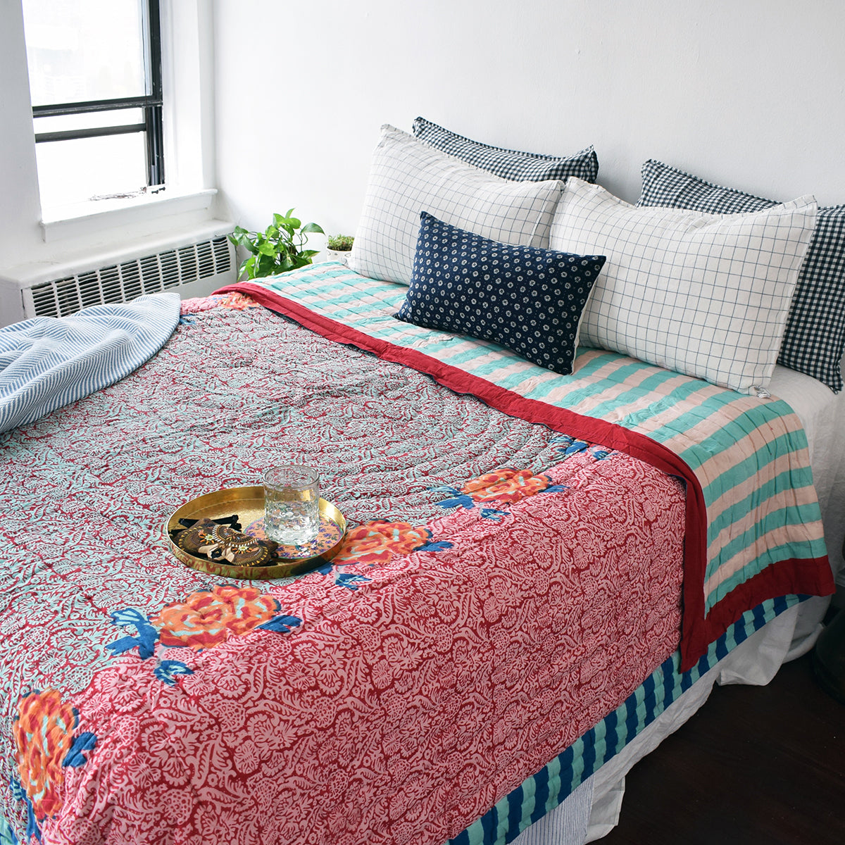 Linge Particulier Navy Check Standard Linen Pillowcase Sham with a Lisa Corti quilt for a colorful linen bedding look in blue check - Collyer's Mansion