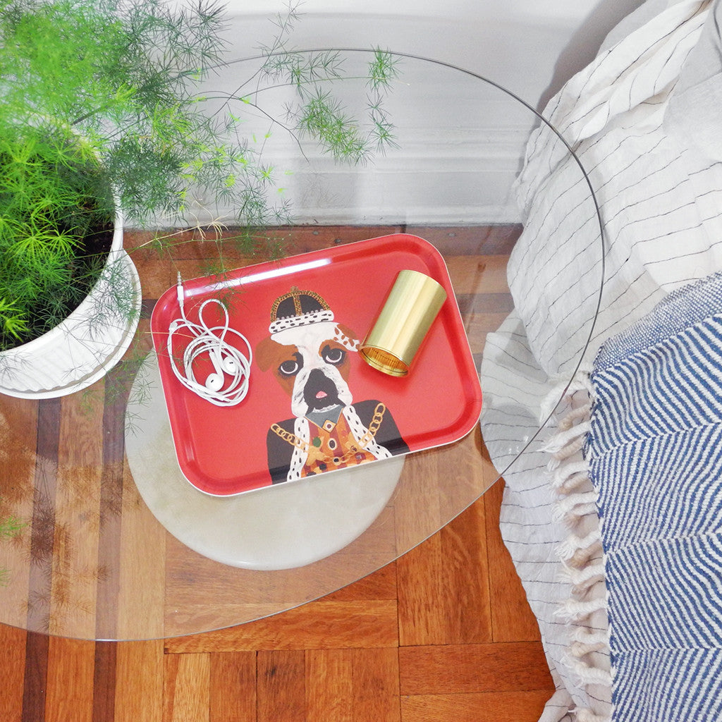 Rectangle designer tray in Scandinavian tray style with a red background and dog portrait on bed side table with plant - Collyer&#39;s Mansion