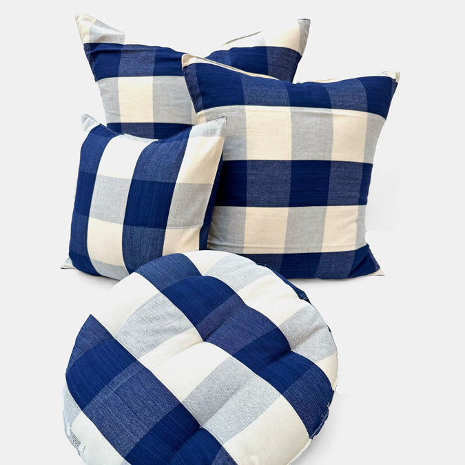 Navy and Off White Check Pillow, square