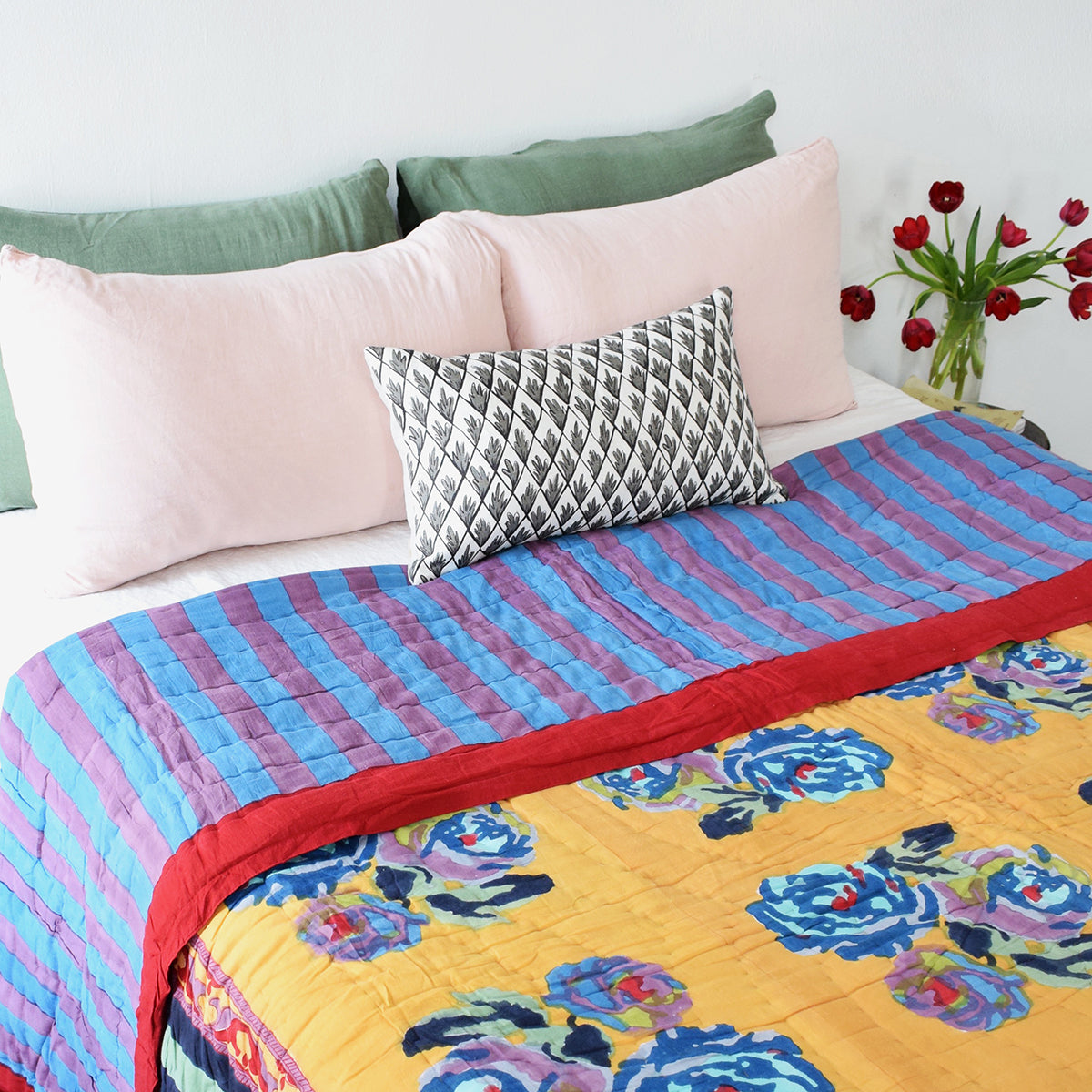 Linge Particulier Jade Green Standard Linen Pillowcase Sham with a Lisa Corti quilt and nude pillowcases for a colorful linen bedding look in camo green - Collyer's Mansion