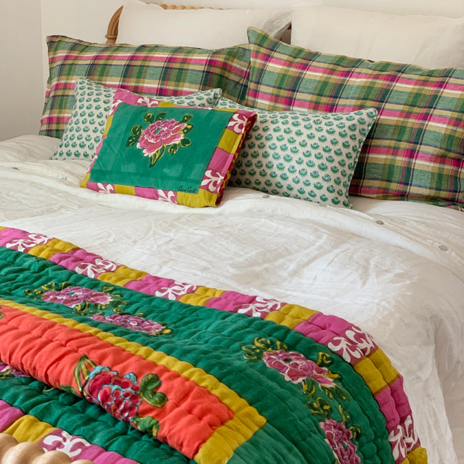 Linen Standard Pillowcase in Green Madras