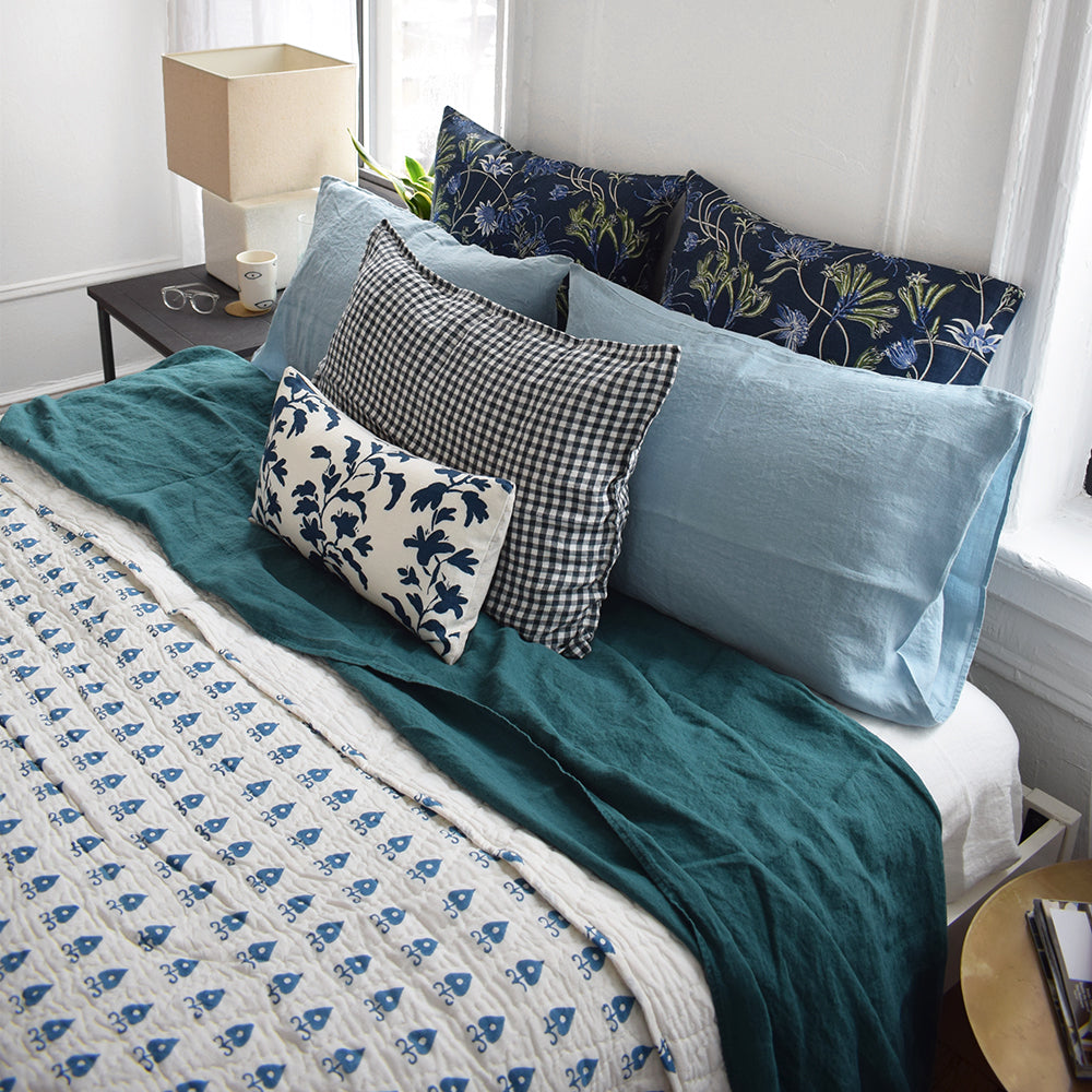 Linge Particulier Anthracite Gingham Standard Linen Pillowcase Sham with a block printed quilt and blue Utopia Goods pillowcases for a colorful linen bedding look in dark check gingham - Collyer's Mansion