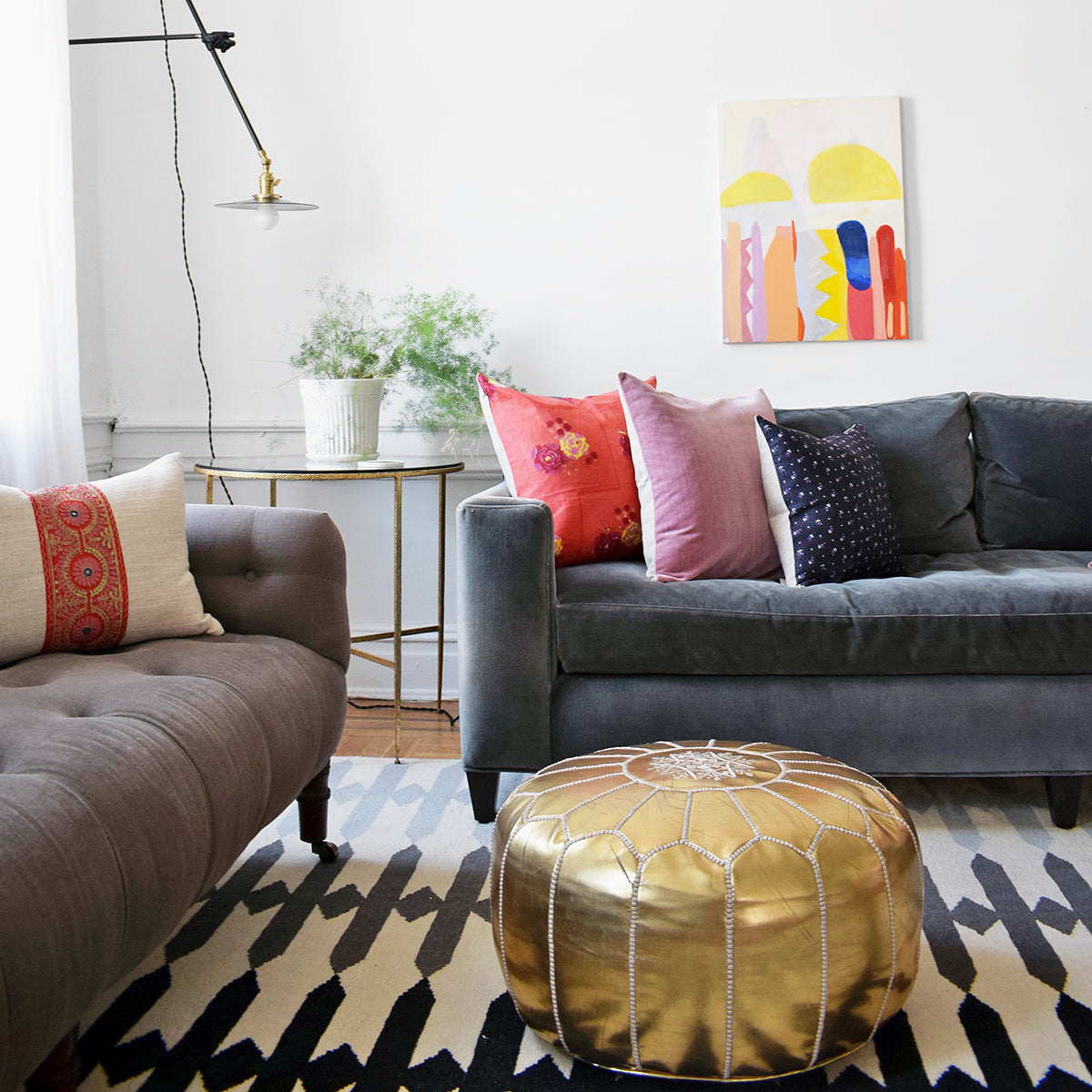 Moroccan Leather Pouf in Gold