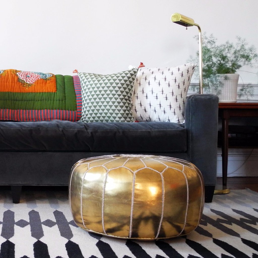 Moroccan Leather Pouf in Gold