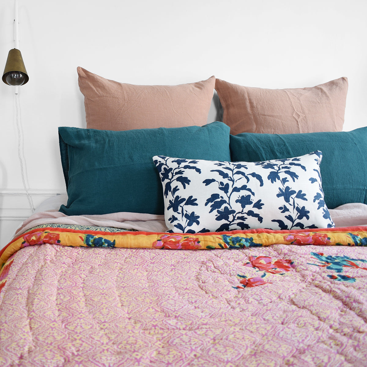 Linge Particulier Vintage Green Standard Linen Pillowcase Sham with a Lisa Corti quilt for a colorful linen bedding look in deep teal green - Collyer's Mansion
