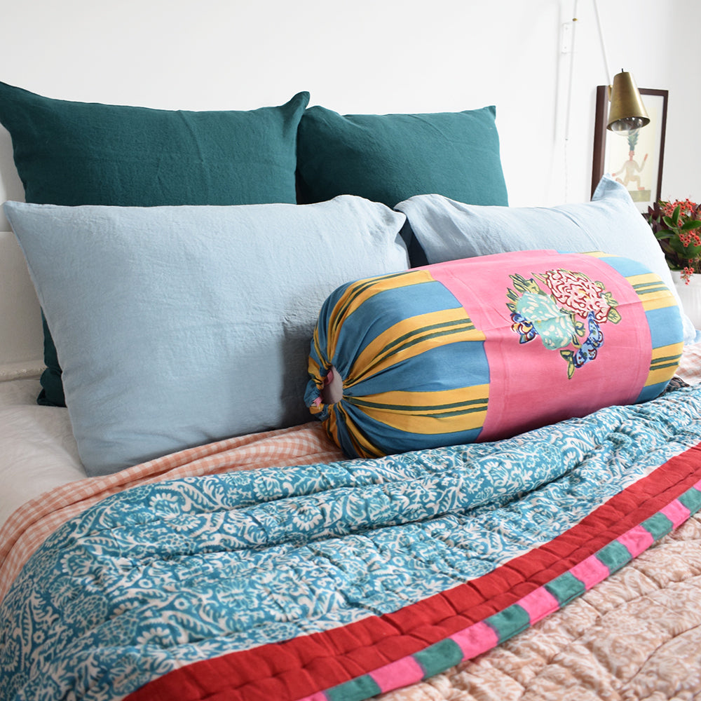 Linge Particulier Vintage Green Euro Linen Pillowcase Sham with a Lisa Corti quilt and gingham linen sheet for a colorful linen bedding look in deep teal green - Collyer&#39;s Mansion