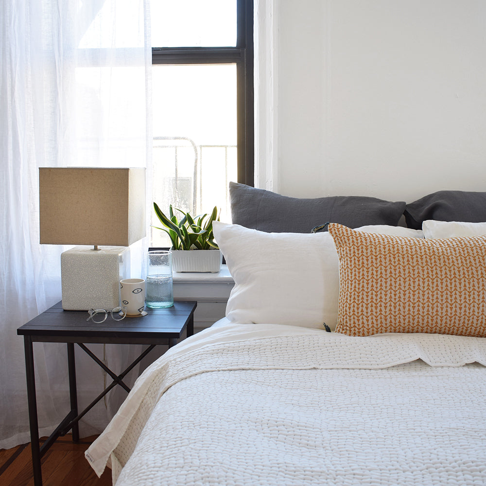 Linge Particulier Real Grey Euro Linen Pillowcase Sham with yellow throw pillow and stitched Indian Quilt for a colorful linen bedding look in elephant grey - Collyer's Mansion