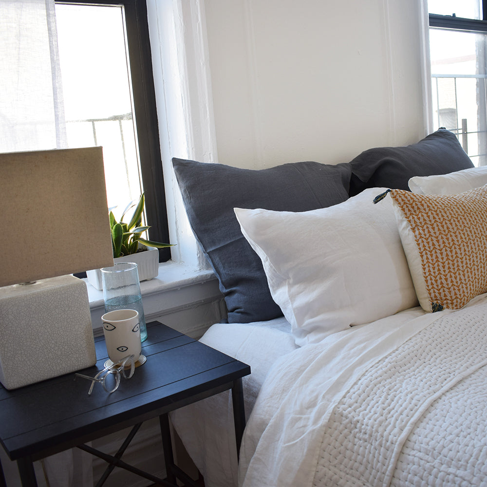 Linge Particulier Real Grey Euro Linen Pillowcase Sham with yellow throw pillow and stitched Indian Quilt for a colorful linen bedding look in elephant grey - Collyer's Mansion