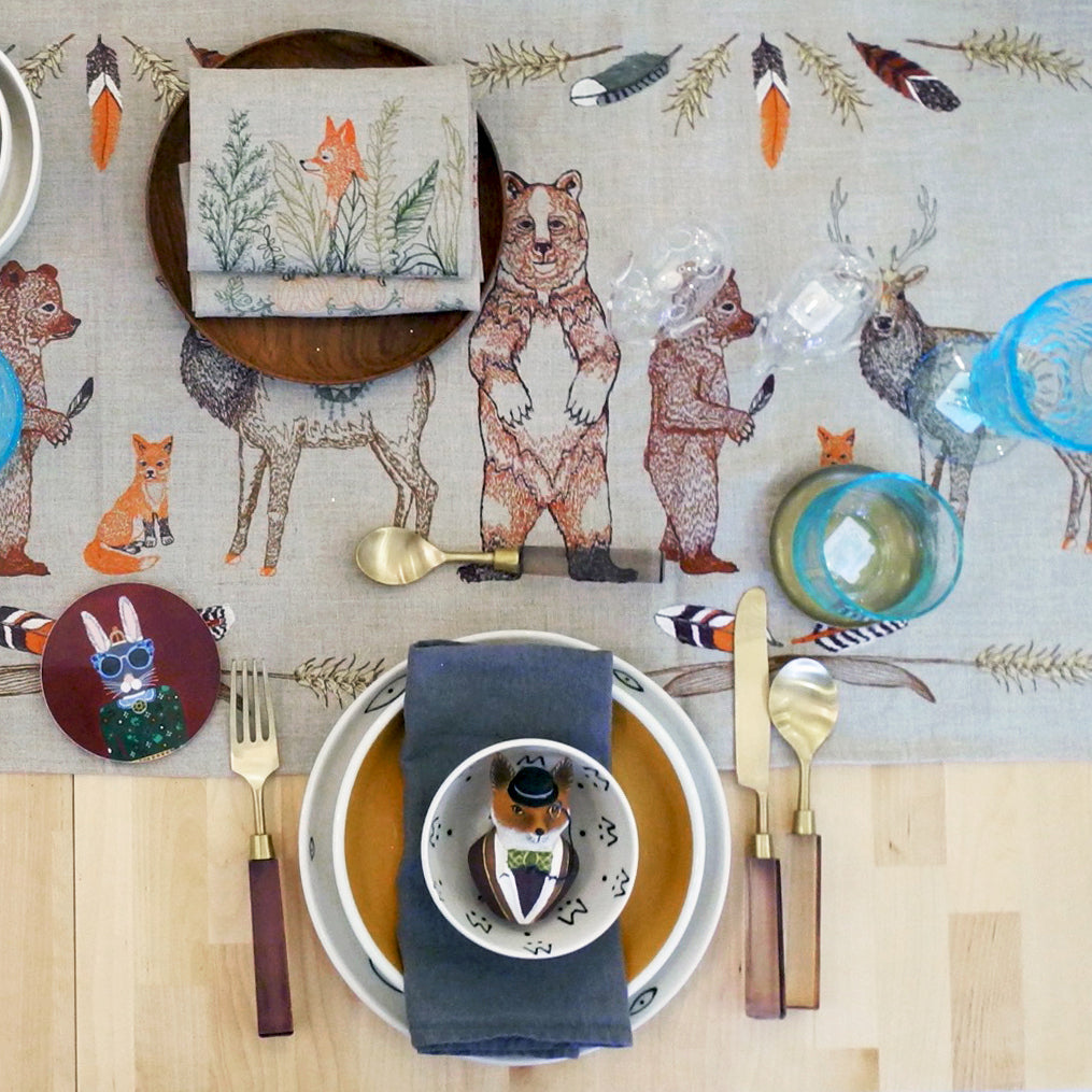 Fog Linen Round Brass Tray on Coral & Tusk table runner with serveware - Collyer's Mansion