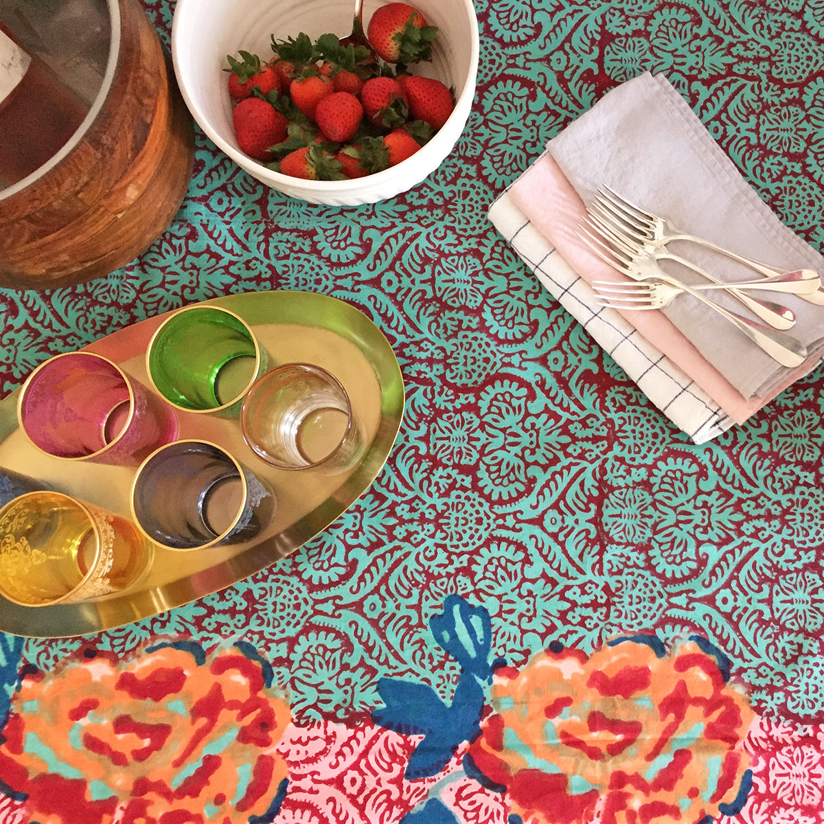 Fog Linen Oval Brass Tray on Lisa Corti tablecloth with glasses - Collyer's Mansion
