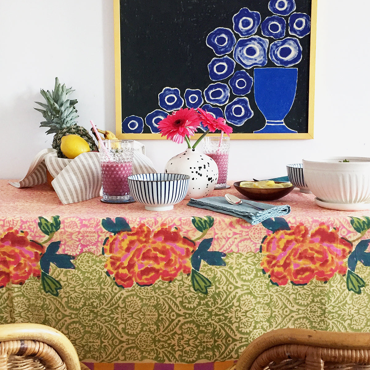 Blue Pheasant Sofia Bubble Highball Glass for elegant dining and colorful tablescapes on a Lisa Corti tablecloth - Collyer's Mansion