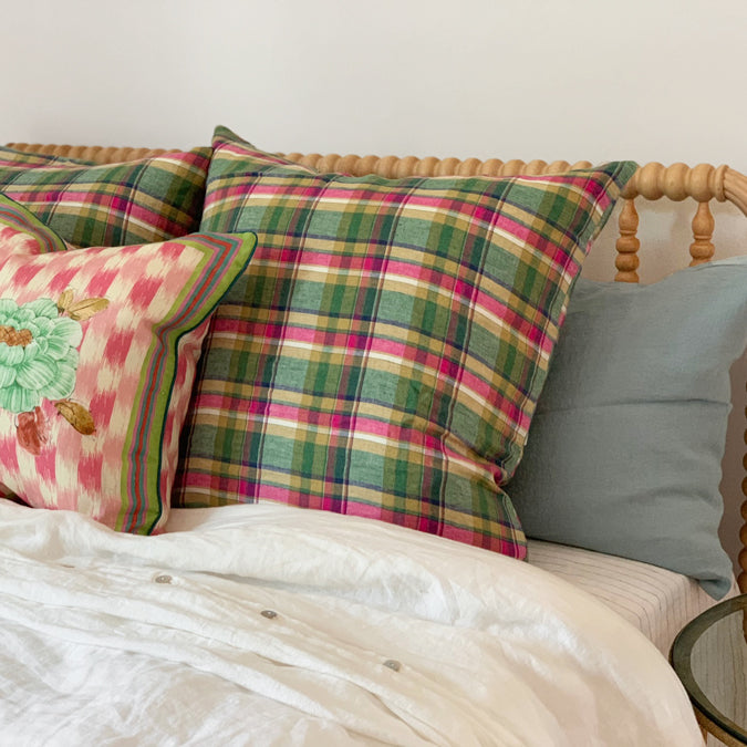 Linen Euro Pillowcase in Green Madras