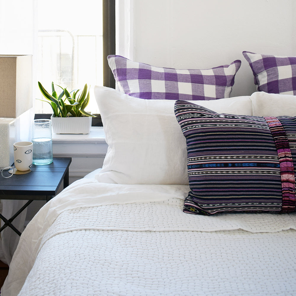 Linge Particulier Off White Standard Linen Pillowcase Sham with guatemalan textile pillow and purple gingham euro shams for a colorful linen bedding look in soft white - Collyer&#39;s Mansion