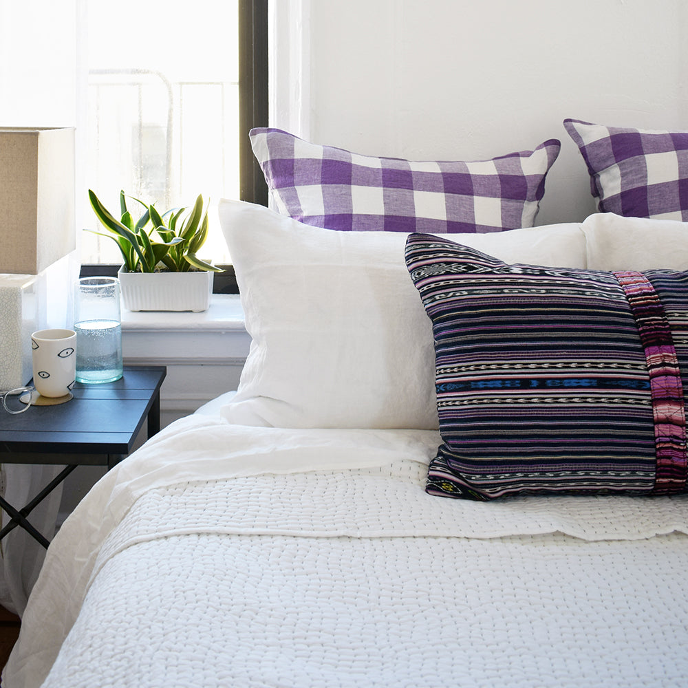 Linge Particulier Off White Standard Linen Pillowcase Sham with guatemalan textile pillow and purple gingham euro shams for a colorful linen bedding look in soft white - Collyer's Mansion