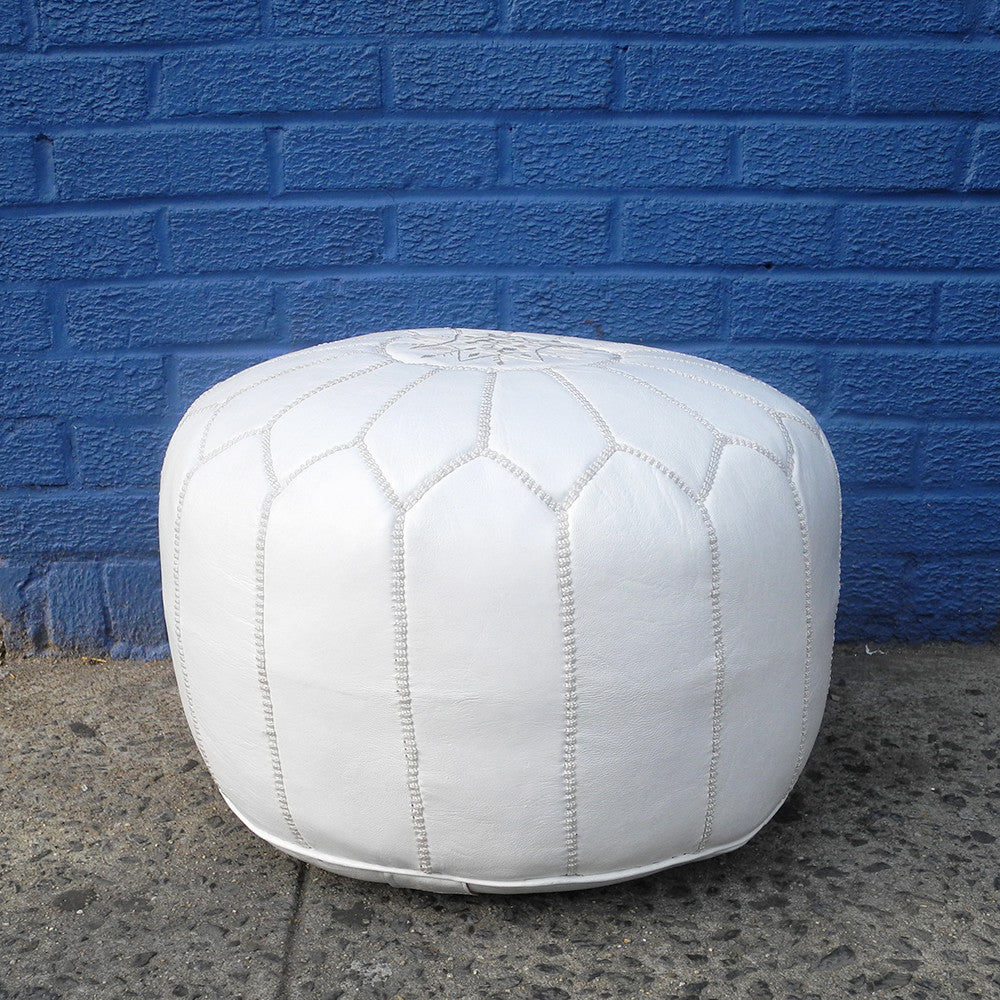 Moroccan Leather Pouf, white