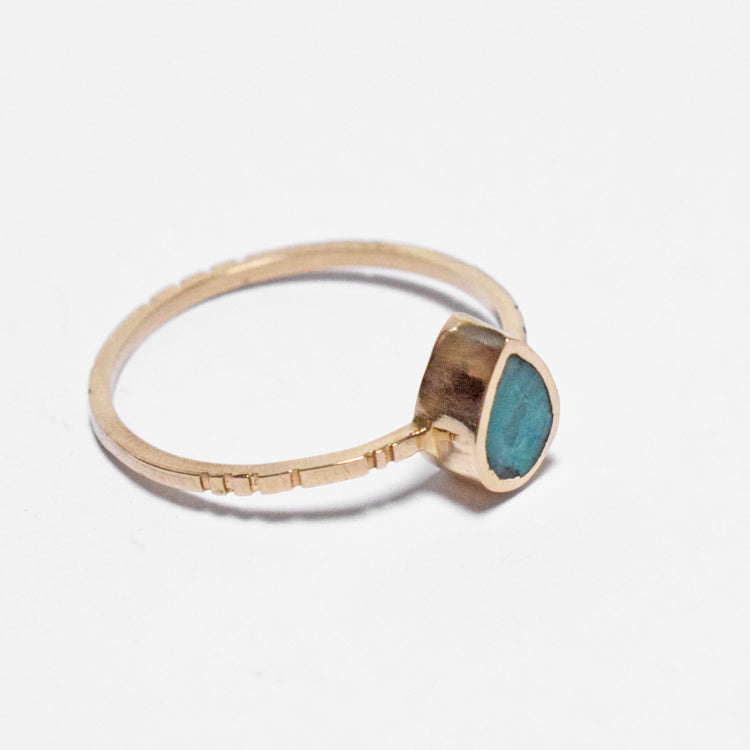 Young in the Mountains Ethically-Made Fine Jewelry Ring with chrysocolla and 14k gold band in tiny teardrop shape - Collyer's Mansion