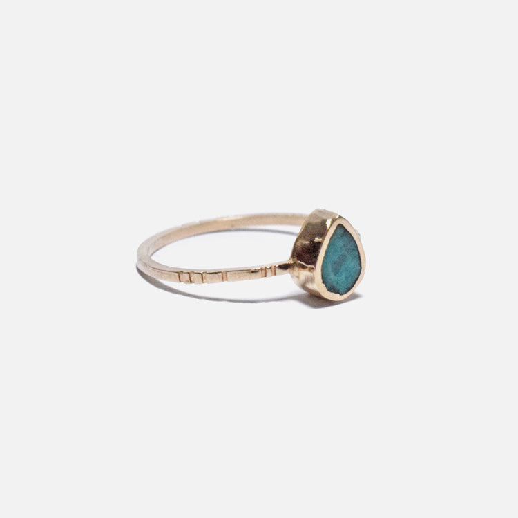 Young in the Mountains Ethically-Made Fine Jewelry Ring with chrysocolla and 14k gold band in tiny teardrop shape - Collyer&#39;s Mansion