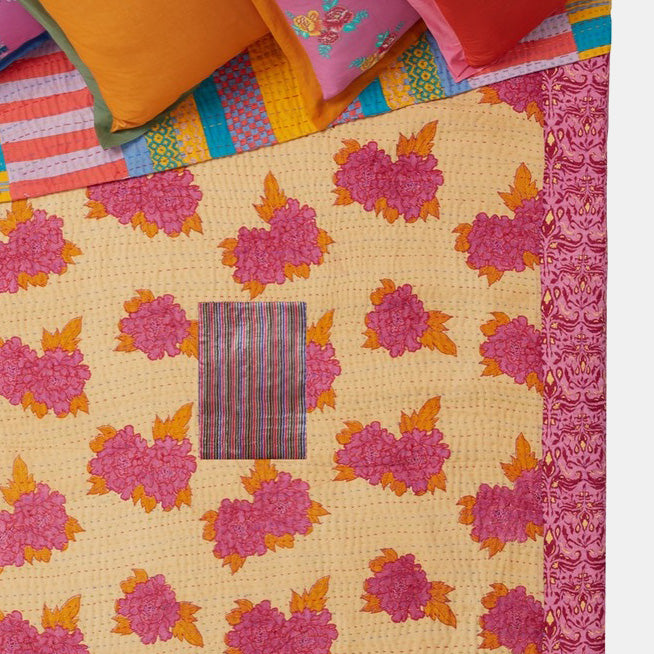 Lisa Corti Pink Orange Floral Beji Abhanery Peony Stitched Gudri Kantha Traditional Indian Bedcover at Collyer's Mansion