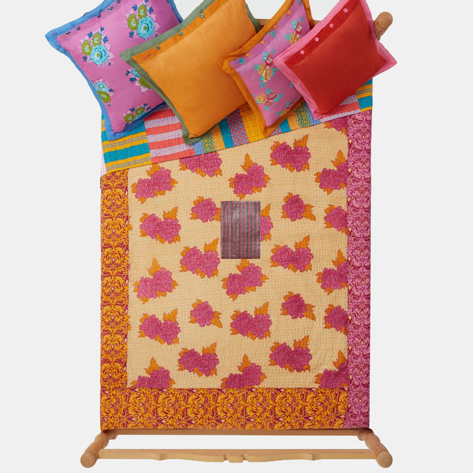 Lisa Corti Pink Orange Floral Beji Abhanery Peony Stitched Gudri Kantha Traditional Indian Bedcover at Collyer's Mansion