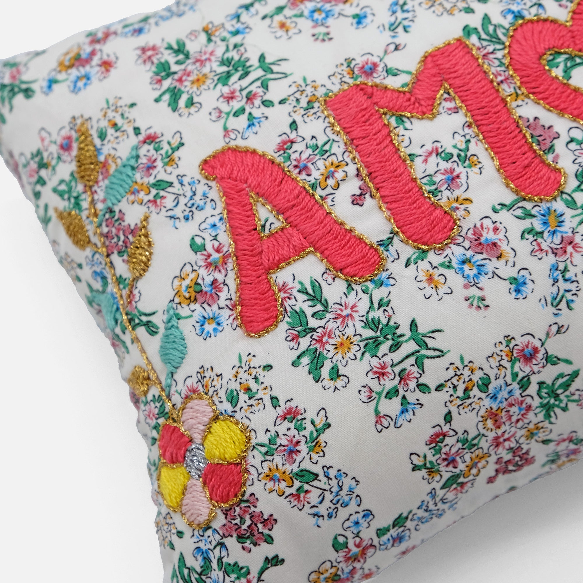 Mini Amour White French Embroidered Lumbar Pillow