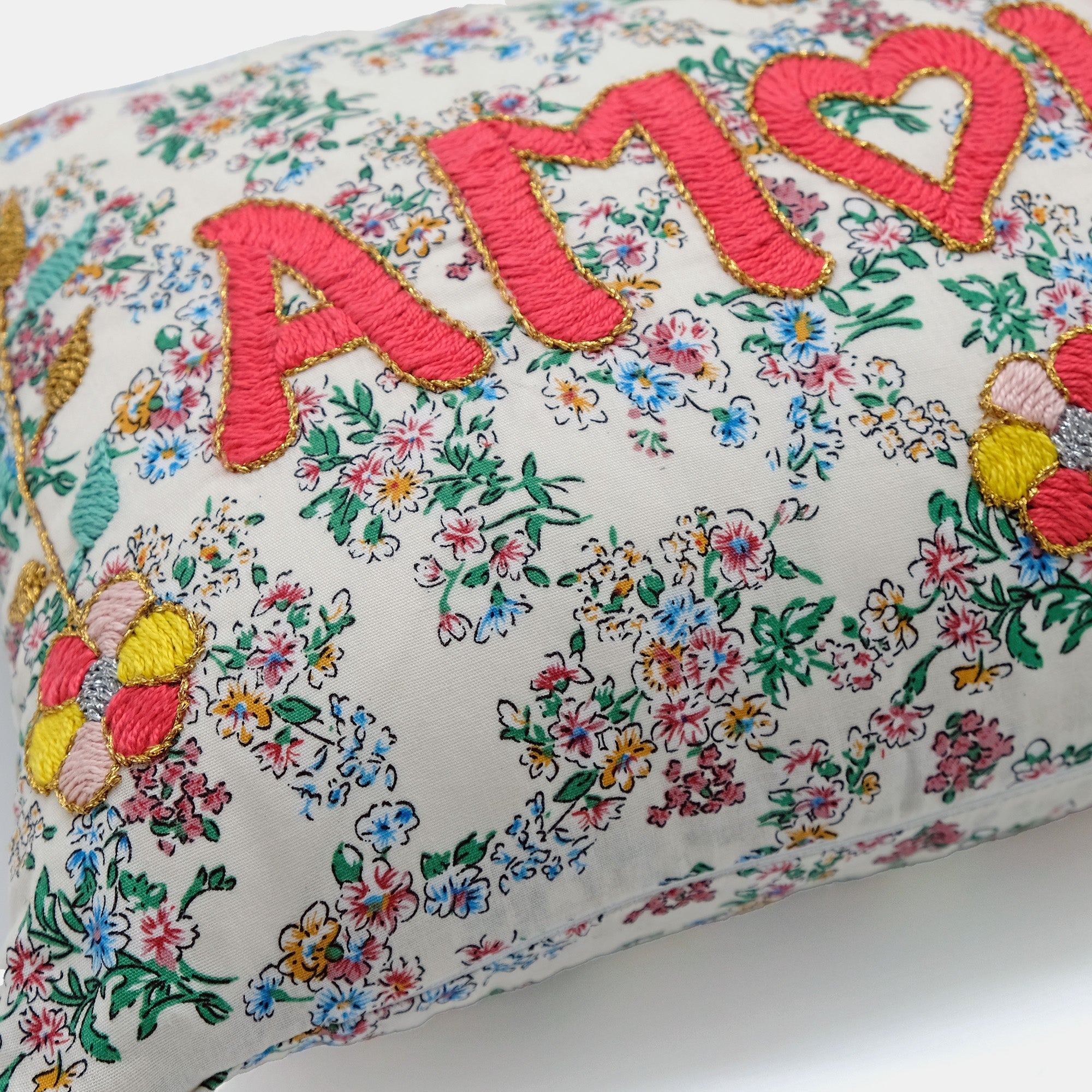 Mini Amour White French Embroidered Lumbar Pillow