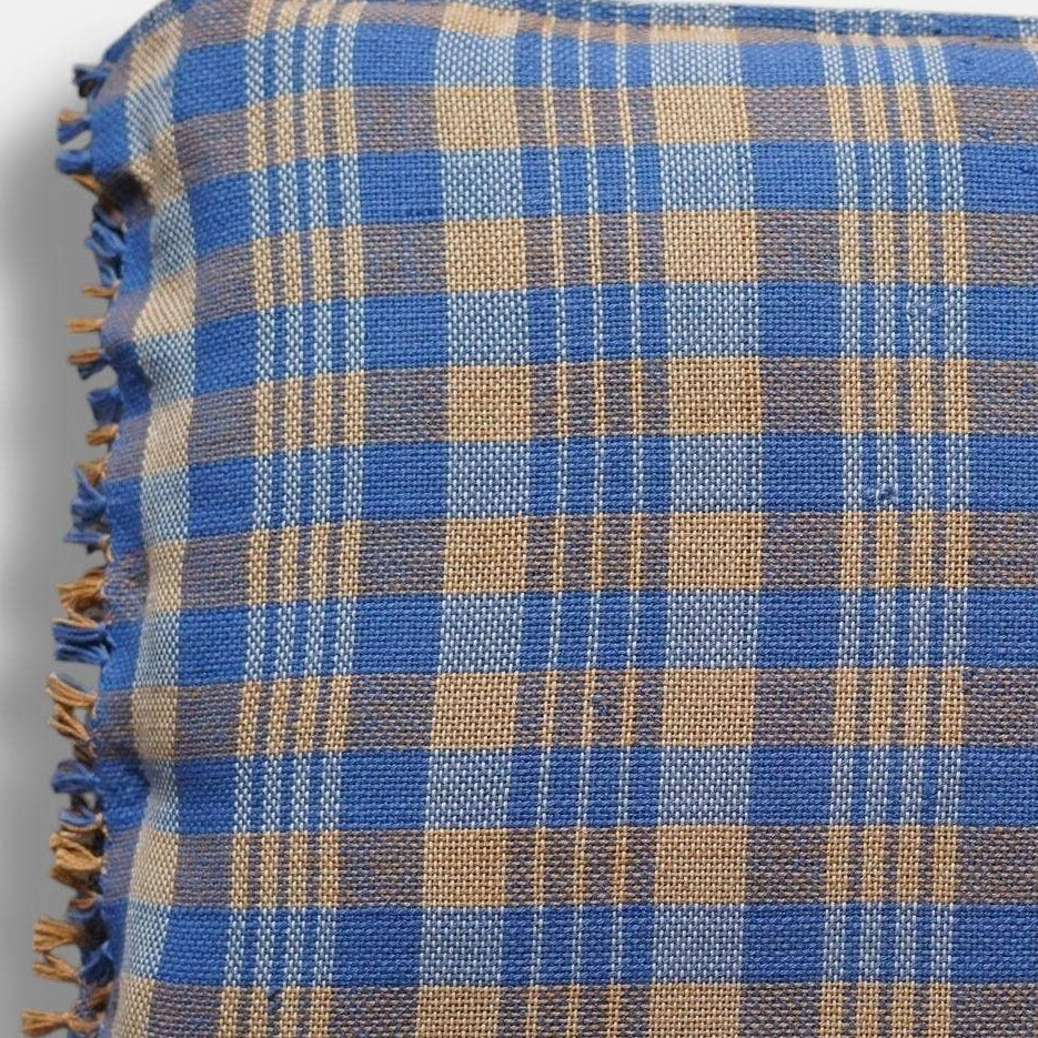 Blue Brown Check with Fringe Square Pillow
