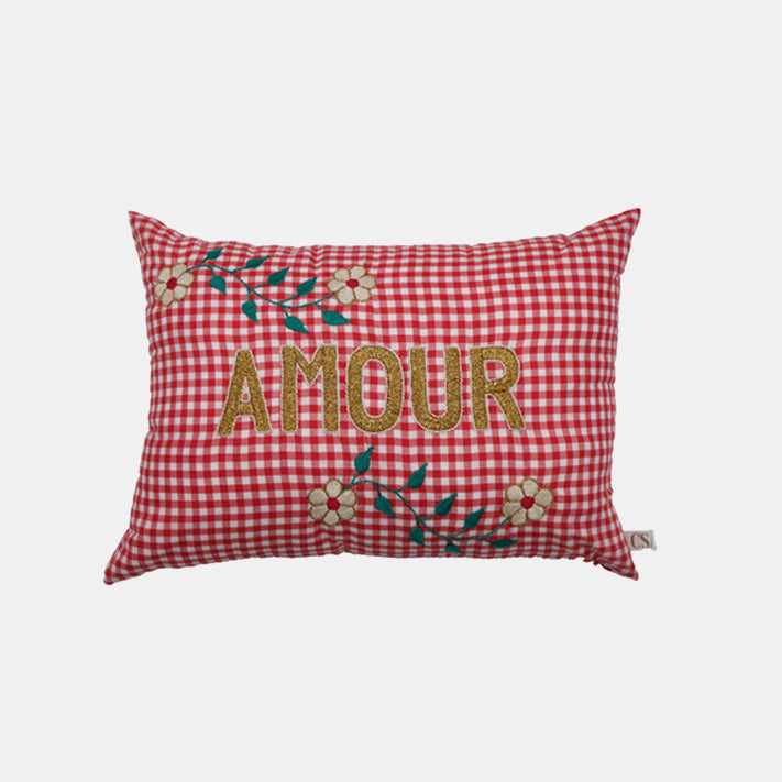 Amour Red Check French Embroidered Pillow, lumbar