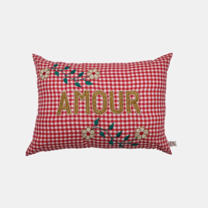 Amour Red Check French Embroidered Pillow, lumbar