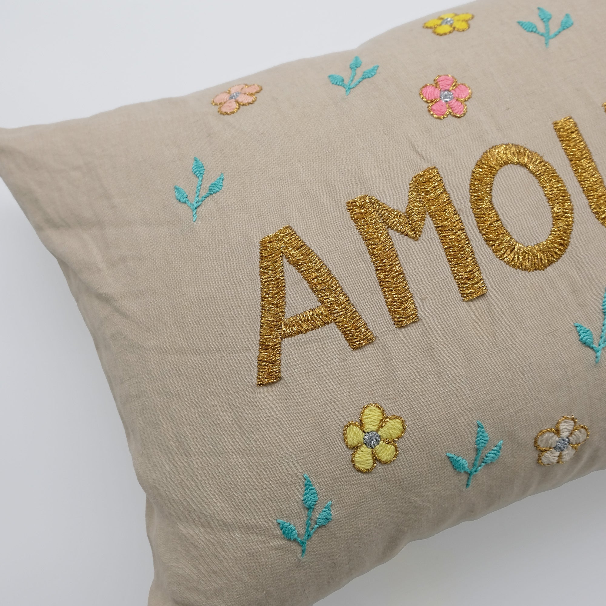 Amour Beige Embroidered Lumbar Pillow