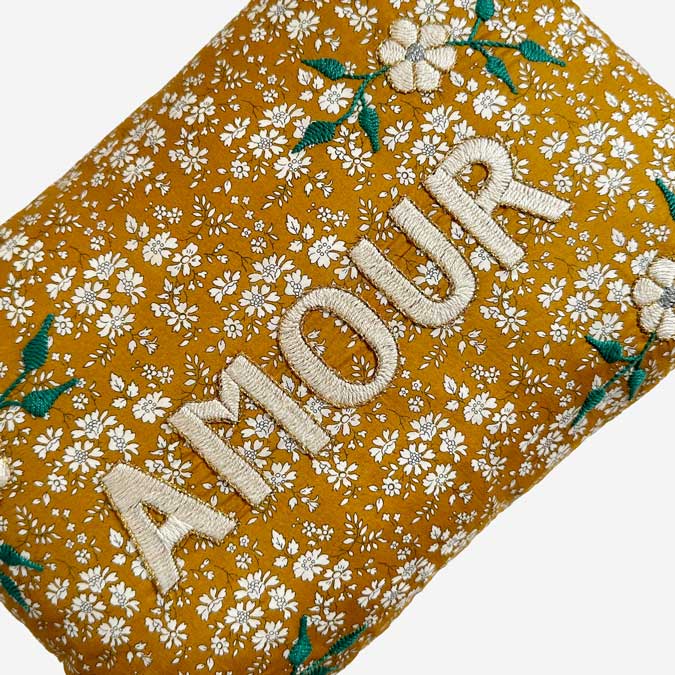 Amour Yellow Floral French Embroidered Pillow, lumbar