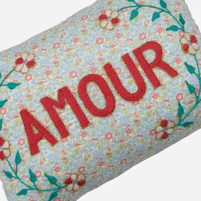 Amour Blue Floral French Embroidered Pillow, lumbar