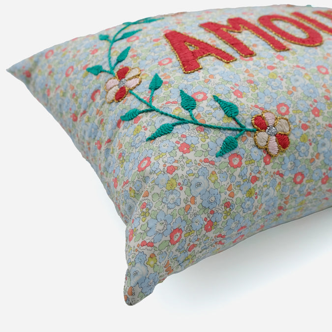 Amour Blue Floral French Embroidered Pillow, lumbar