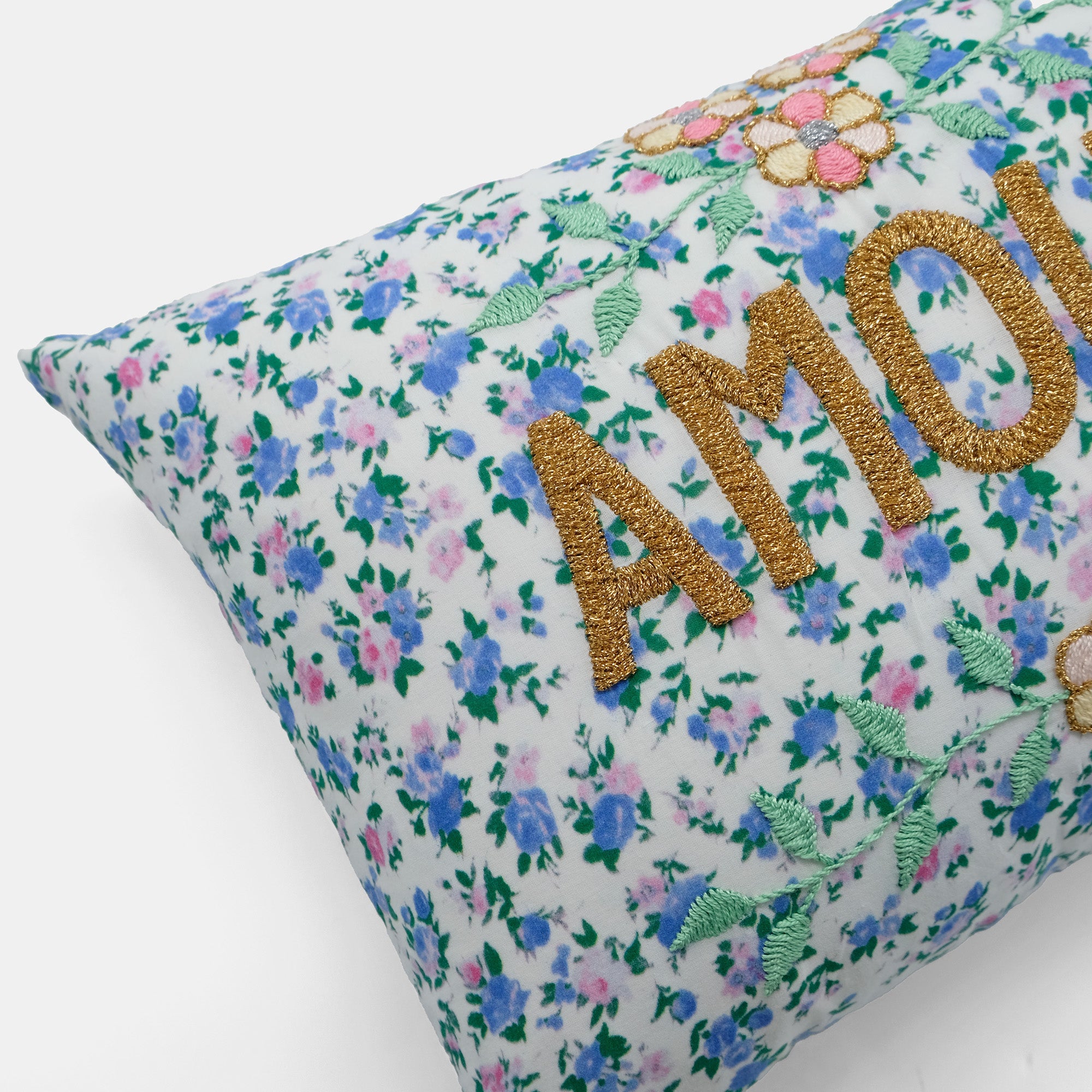 Amour Blue Embroidered Lumbar Pillow