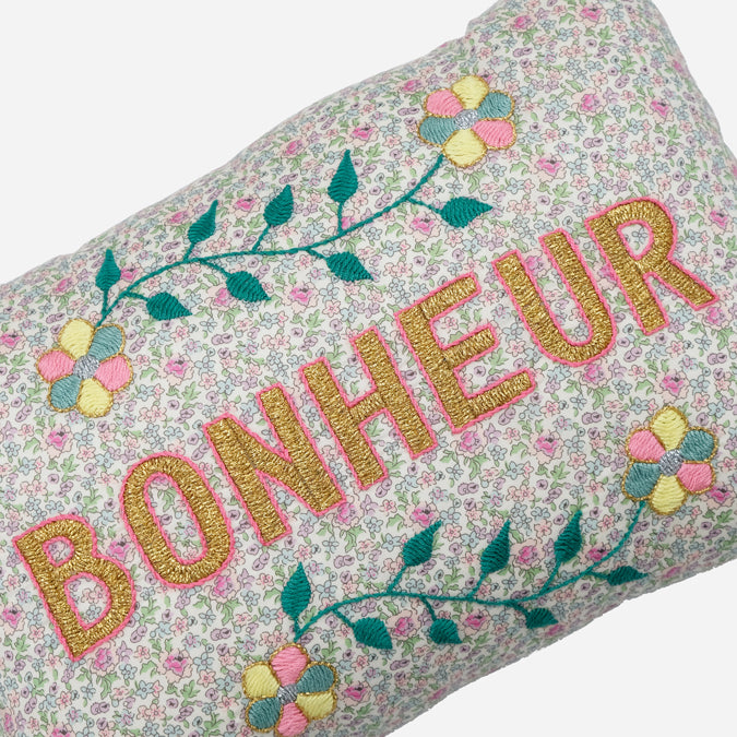 Bonheur Pastel Floral French Embroidered Pillow, lumbar