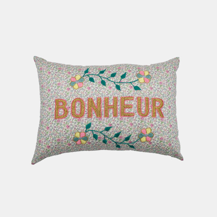 Bonheur Pastel Floral French Embroidered Pillow, lumbar