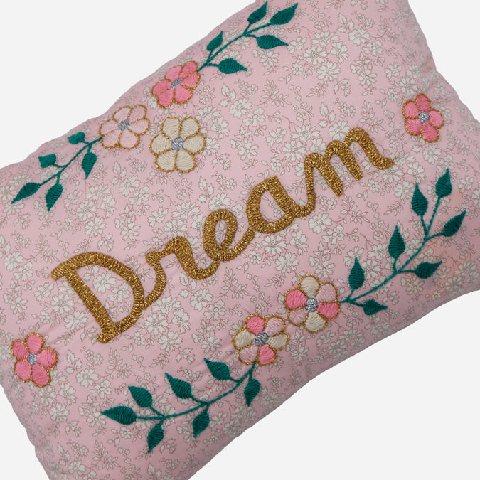 Dream Pink Floral French Embroidered Pillow, lumbar