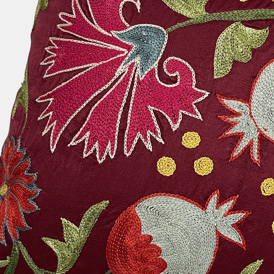 One of a Kind Fuchsia Floral Burgundy Suzani Pillow, square