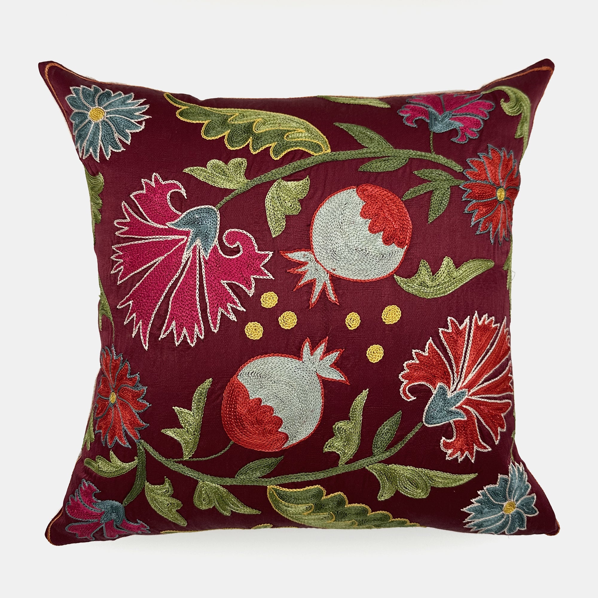 One of a Kind Fuchsia Floral Burgundy Suzani Pillow, square