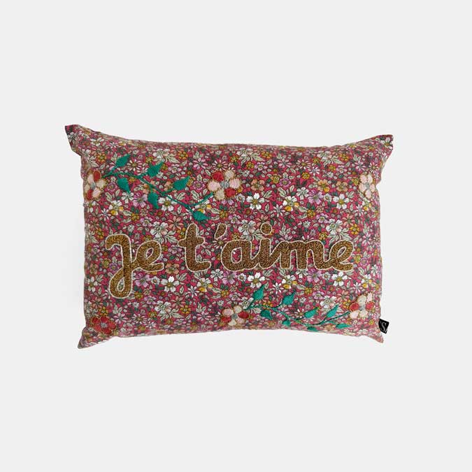 Je T&#39;aime Pink Floral French Embroidered Pillow, lumbar
