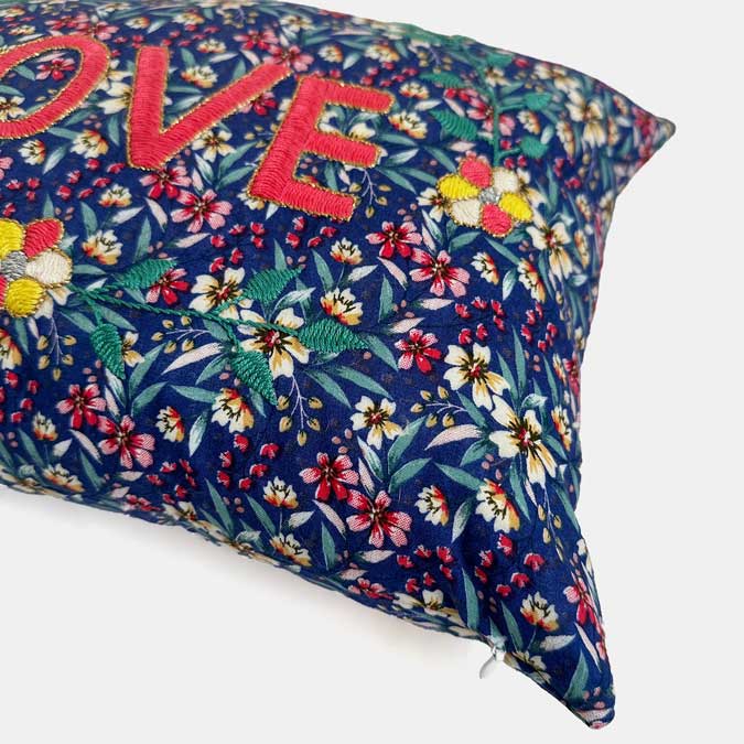 Love Blue Floral French Embroidered Pillow, lumbar